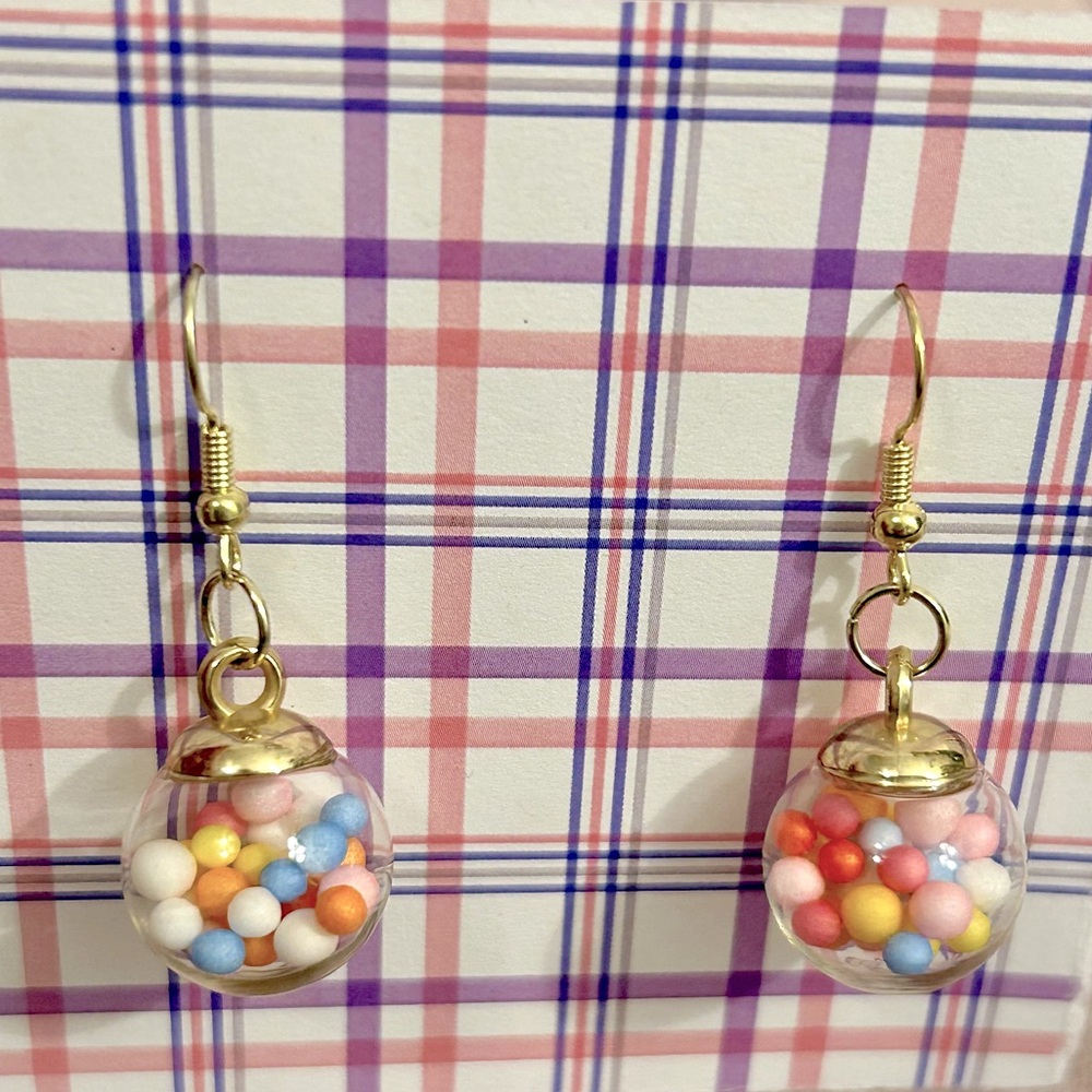 Gold Rainbow Gum-ball Globe Dangle Earrings
